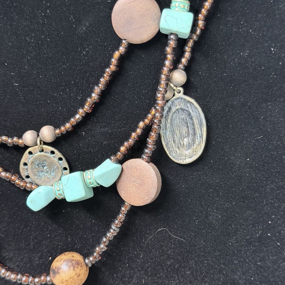 Layered Beaded Coin Necklace Boho Western Festival Rustic Statement Jewelry - Picture 2 of 4